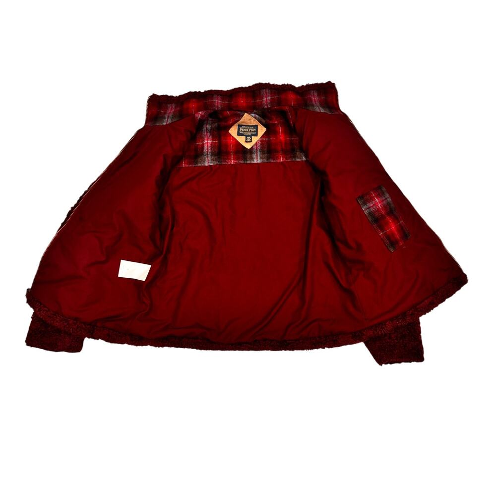 Pendleton Sherpa Teddy Fleece Jacket Burgundy Plaid Trim M - Picture 3 of 10